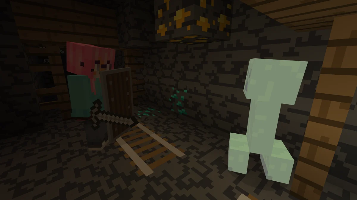 A bright creeper near a shield-wielding player in a Minecraft mineshaft