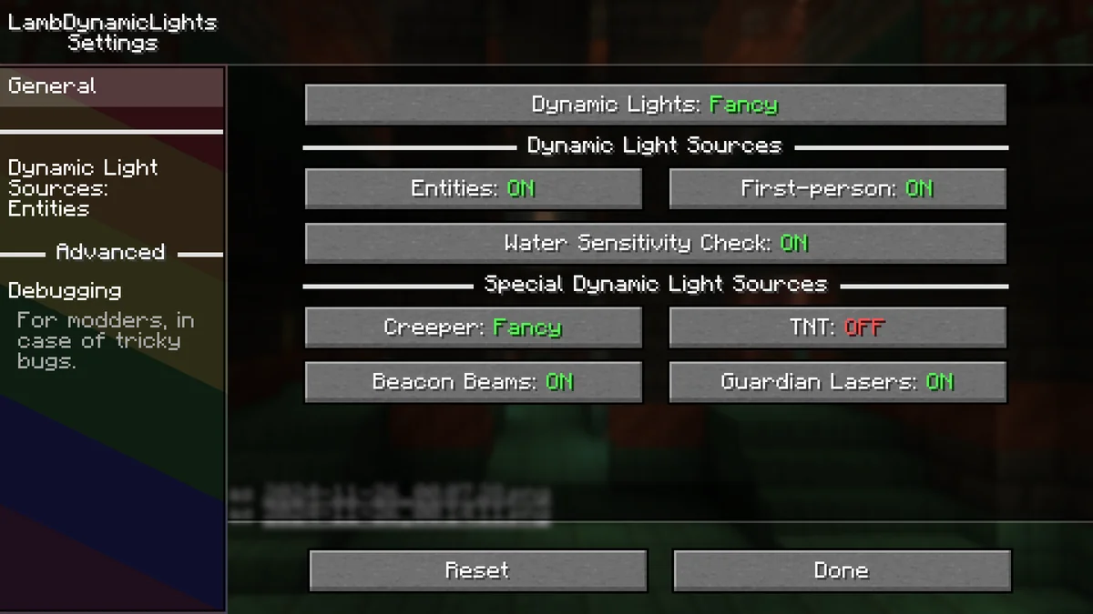 LambDynamicLights version 4.0.0 settings with quality, first-person lighting and water sensitivity controls