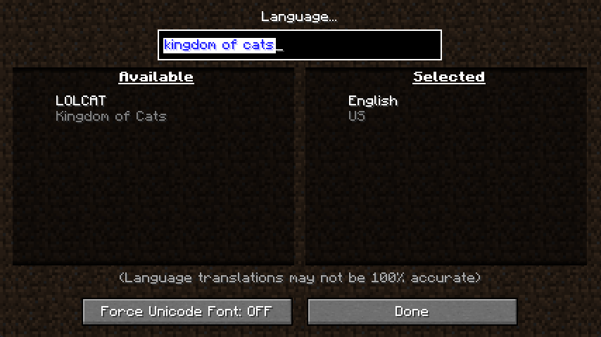 Searching for a language in the language menu