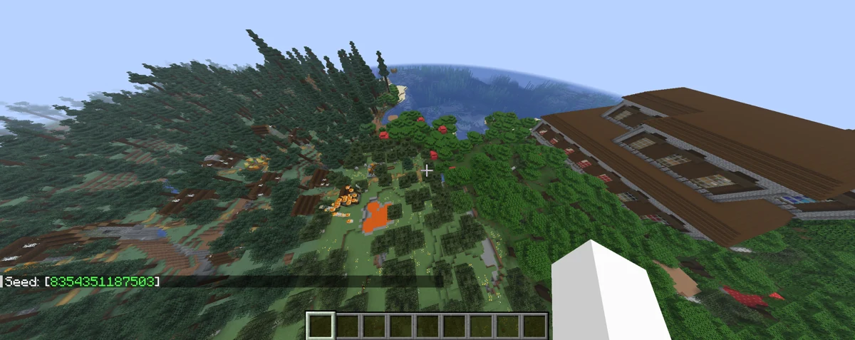 Original nyx_ra image showing an abandoned spruce village left of a woodland mansion, with lava and fire between the trees