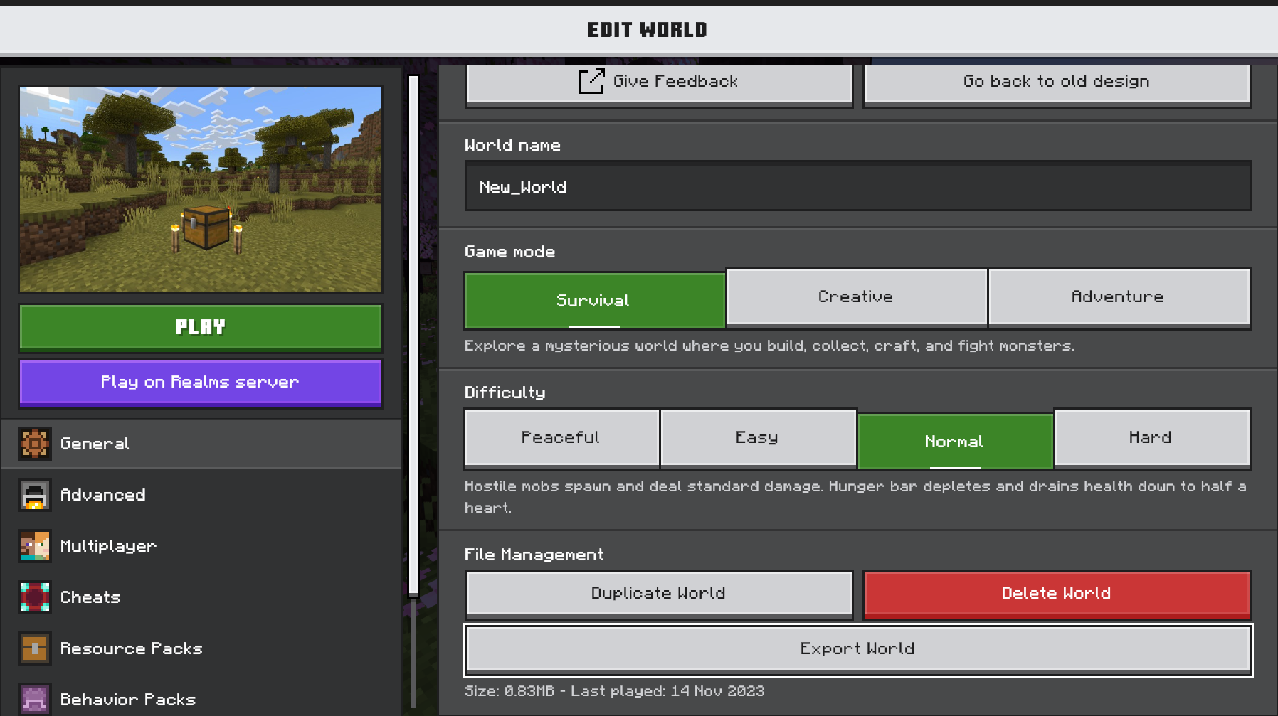 Microsoft Bedrock Edit World screenshot showing Duplicate World and Export World controls