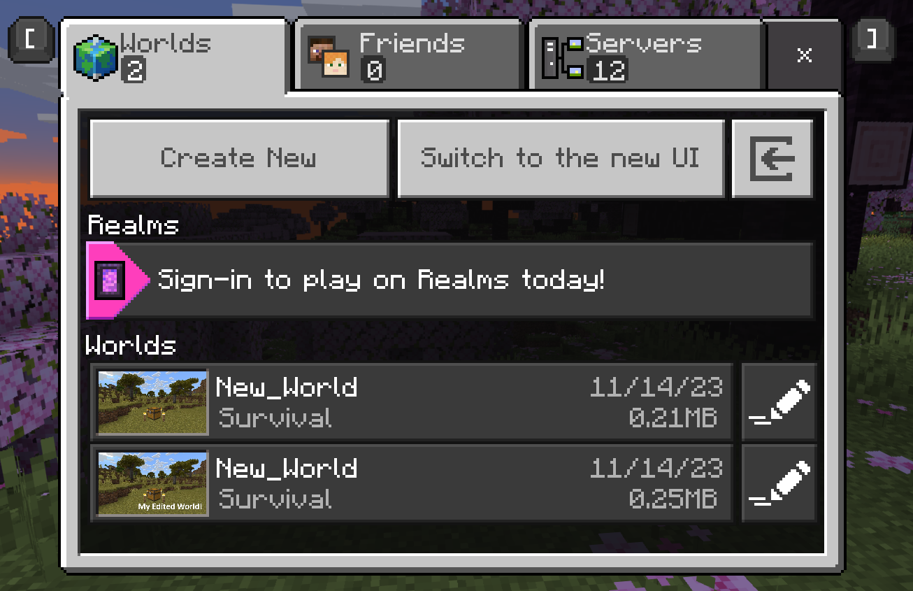 Microsoft documentation screenshot showing the original and imported edited Bedrock worlds as separate entries