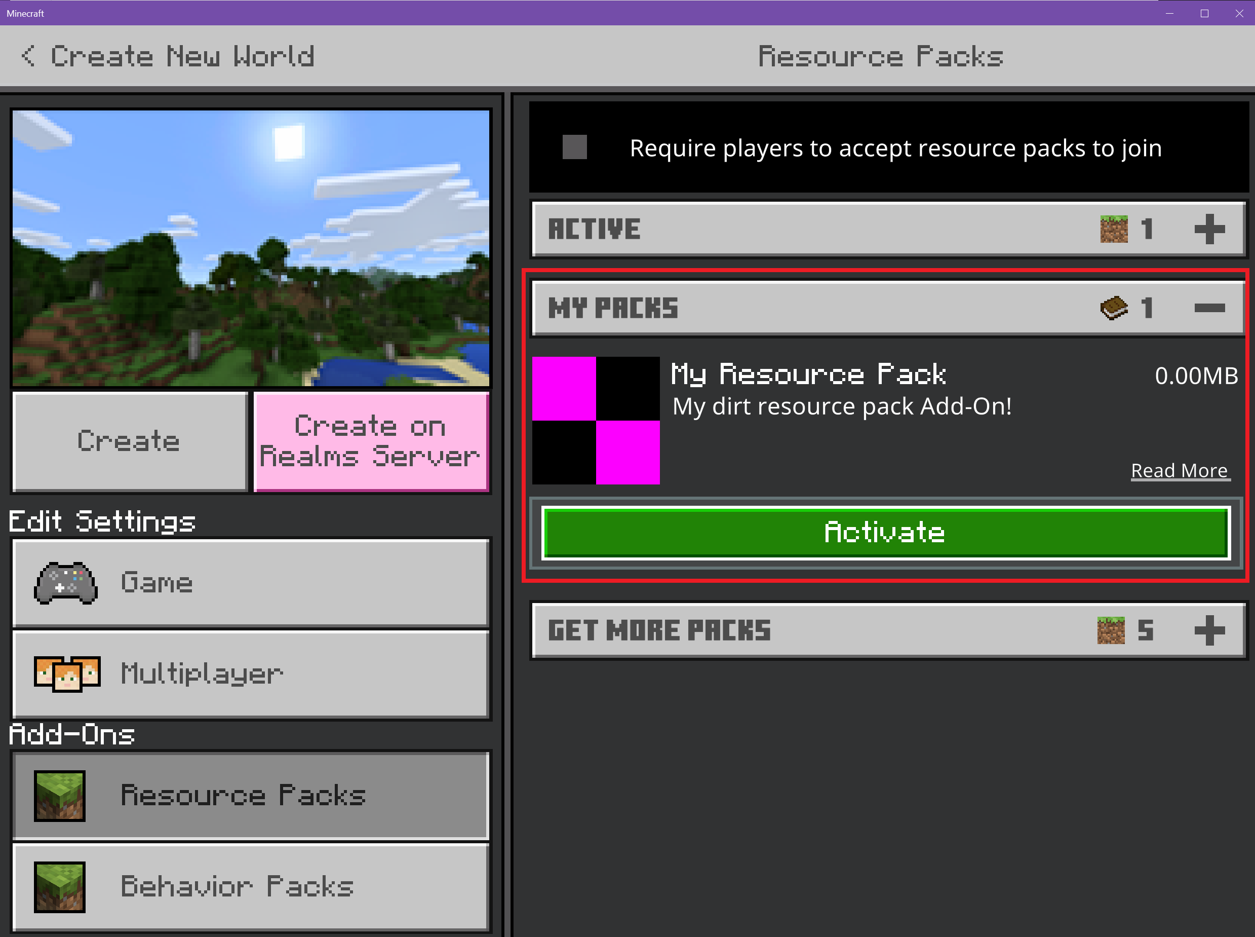 Bedrock world settings with My Packs expanded and the Activate button highlighted
