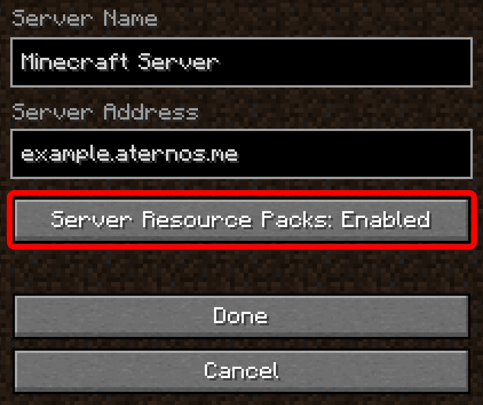 Java Edit Server menu showing Server Resource Packs Enabled