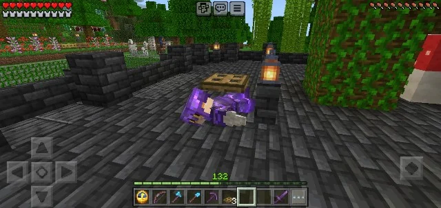 Mobile Bedrock player crawling beneath a wooden trapdoor on a stone path
