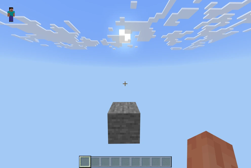 A first stone block in an otherwise empty Bedrock void world