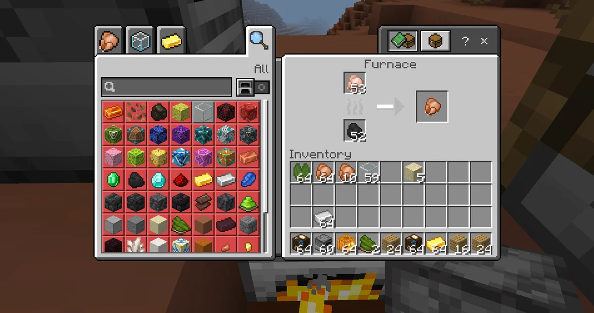Early Bedrock furnace recipe-book interface with recipe list beside the furnace