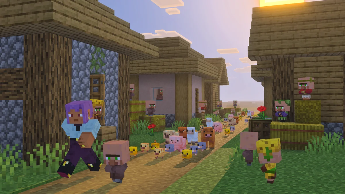 Redesigned baby animals and villagers in the official Bedrock Tiny Takeover village image