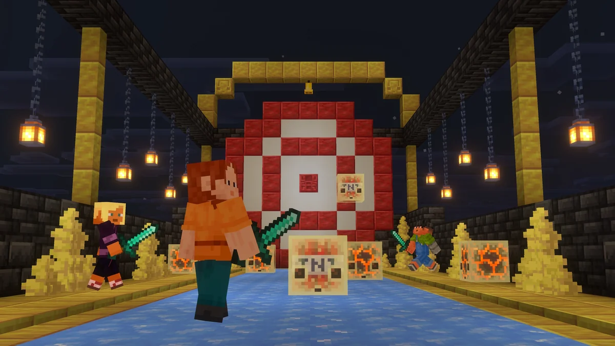 Players with swords beside TNT-filled and magma-filled sulfur cubes in an arena