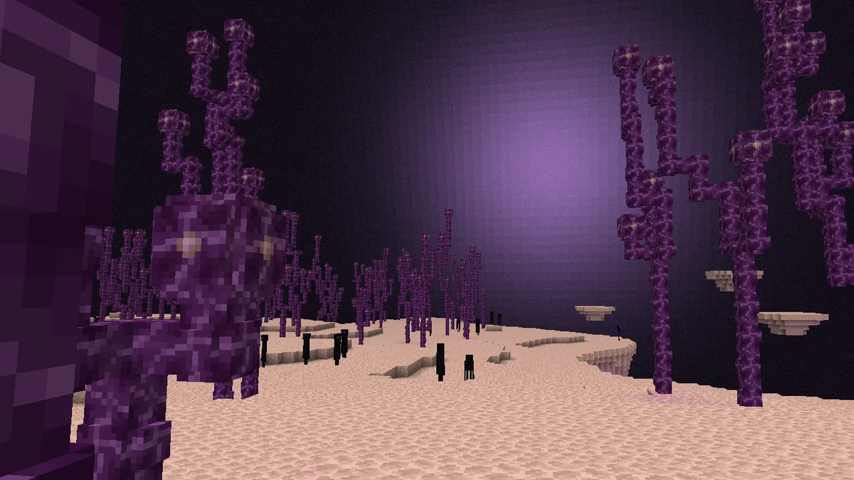 A purple sky flash illuminates chorus plants and End stone