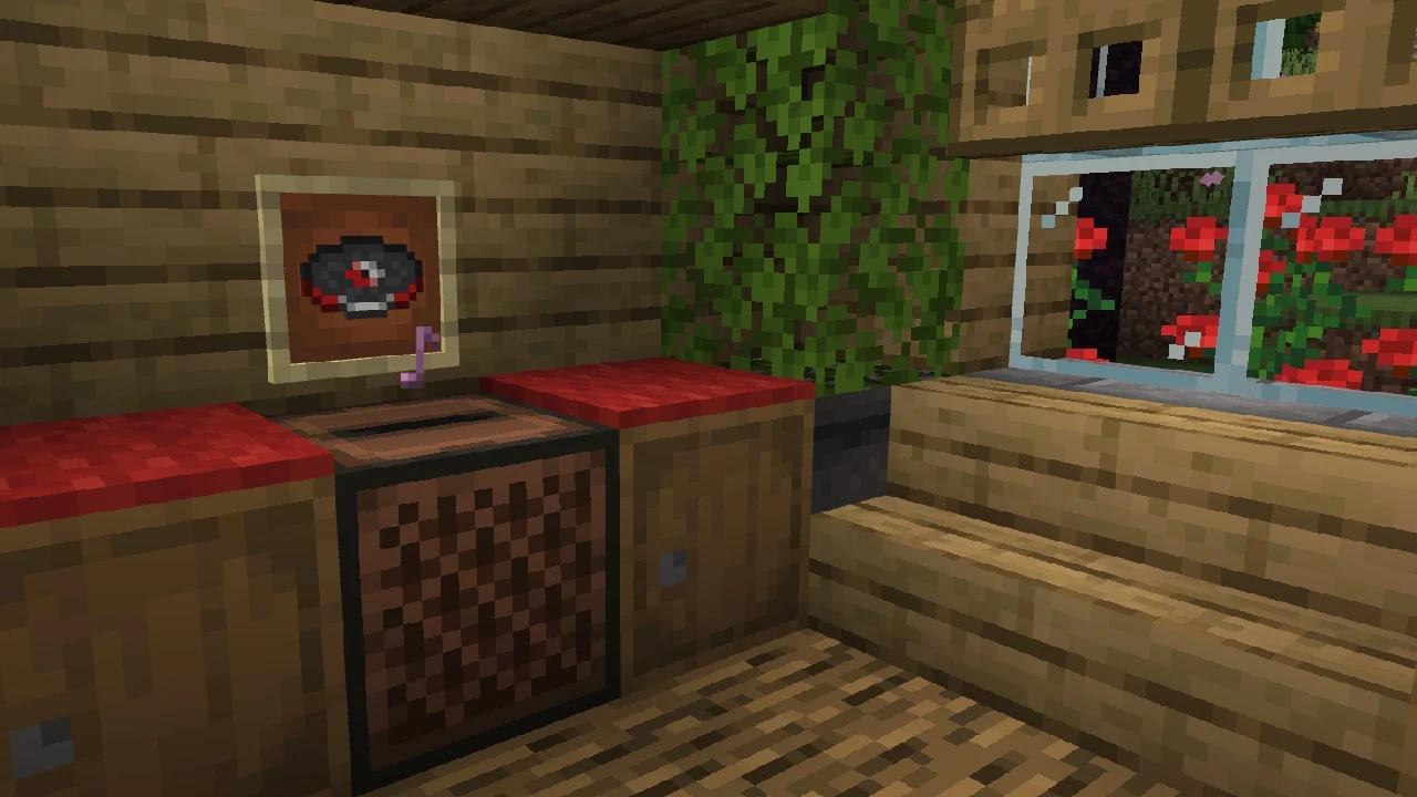 Lava Chicken disc displayed above a playing jukebox in an oak room