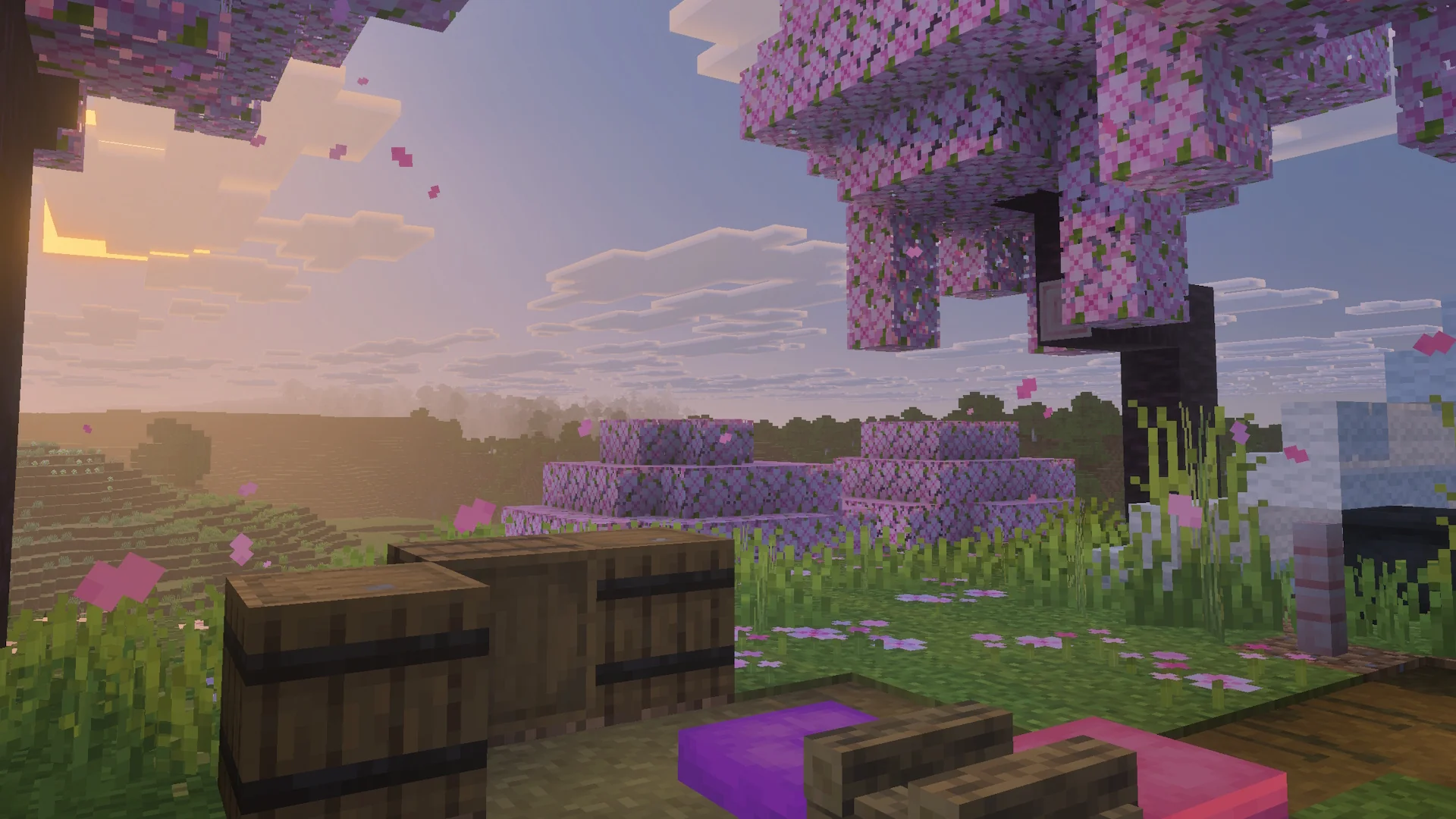 Official Minecraft Preview scene with cherry trees, barrels and a small campsite