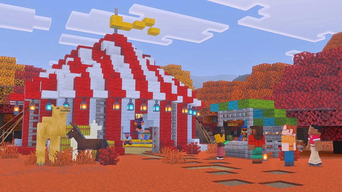 A red and white-striped circus tent in a clearing of the dappled forest has players and animals engaging in activities both inside and outside.