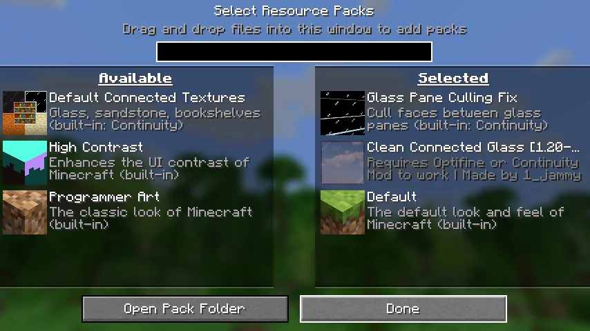 Resource Packs menu with Clean Connected Glass and Glass Pane Culling Fix selected