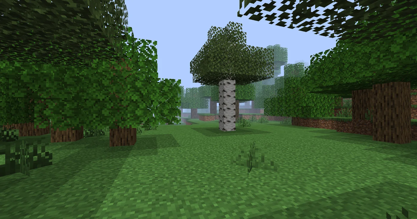 ELASION shader example showing a green forest with pale distance fog