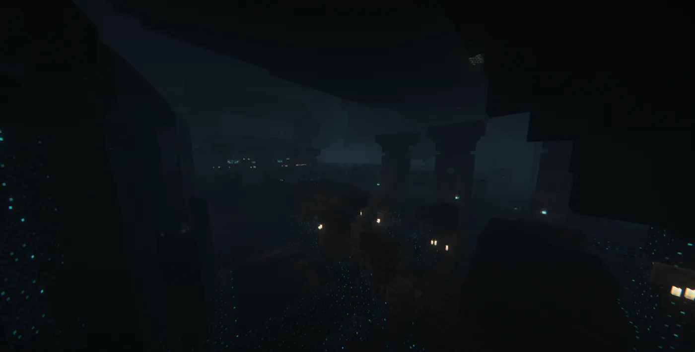 Dark ancient city with blue fog and small pools of light using Insanity Shader