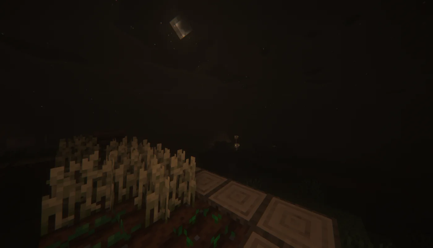 A very dark Minecraft farm and lantern-lit village under Insanity Shader
