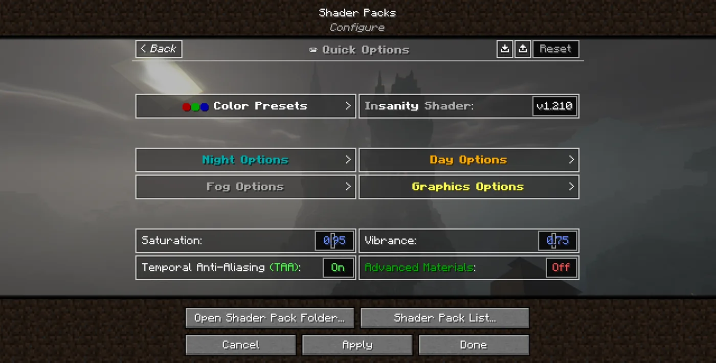Insanity v1.210 Quick Options showing day, night, fog, graphics and colour controls