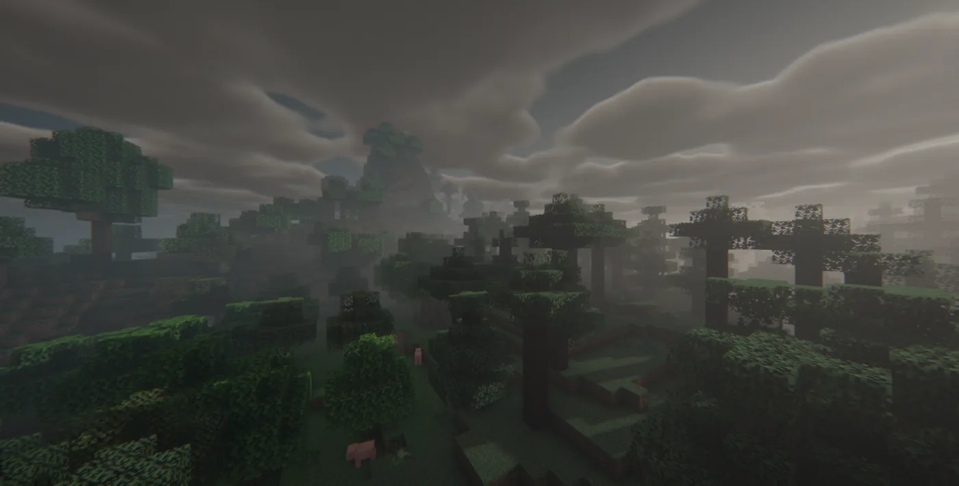 Fog and heavy clouds above a Minecraft forest with Insanity Shader