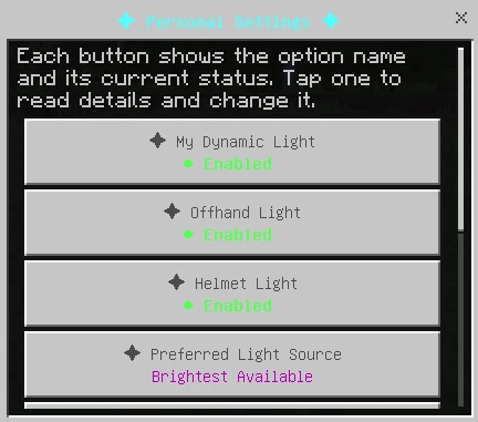 Personal settings for player light, offhand, helmet and source priority