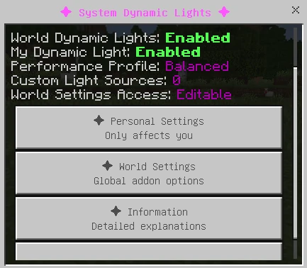 System Dynamic Light configuration book main menu