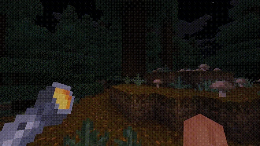 Flashlight in the off hand illuminating the direction the player looks