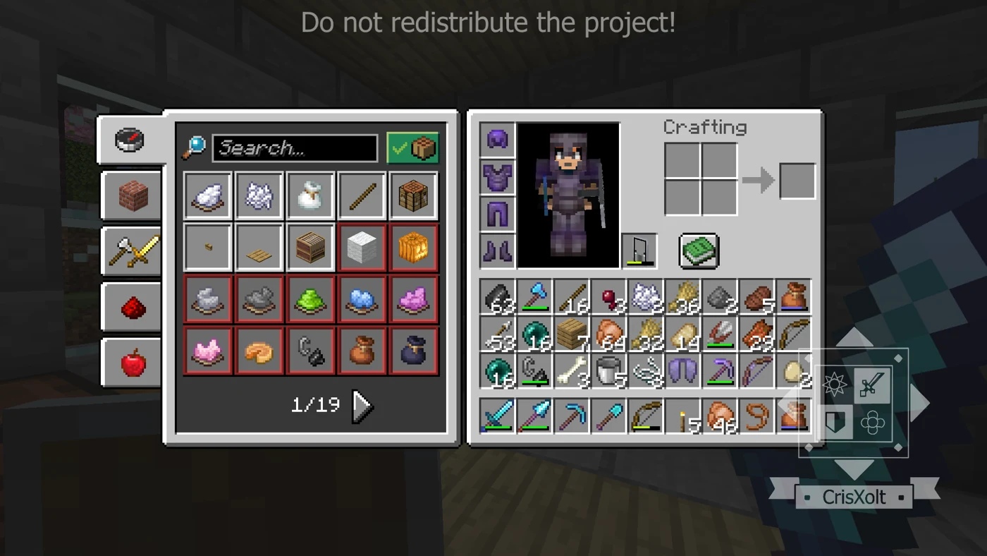VDX inventory showing recipe search on the left and equipment and crafting slots on the right