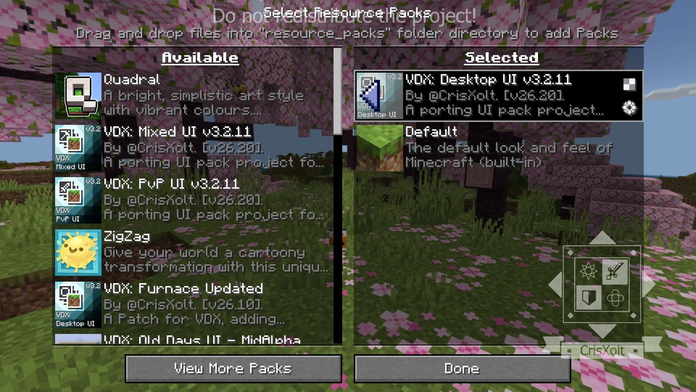 VDX resource pack selector showing the Desktop UI pack in the Selected column