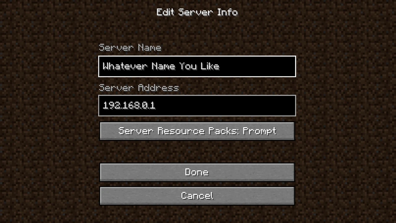 Official Minecraft Java example of the server address entry screen