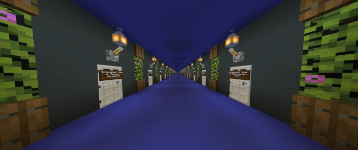 Blue corridor lined with individual achievement rooms