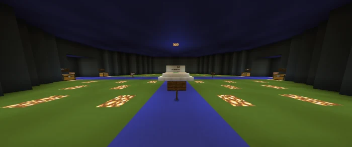Achievement map spawn room with coloured floor paths and a central display