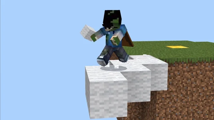 A player extending a white wool bridge from a grass island
