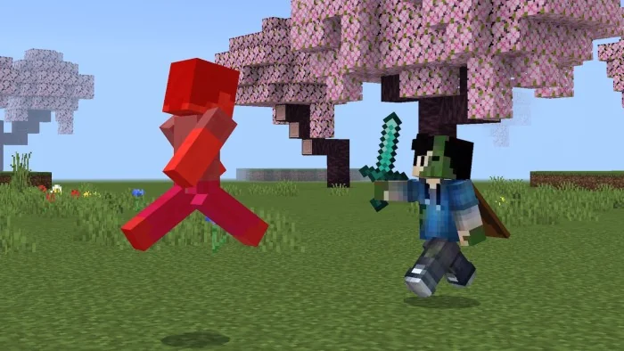 A player fighting a red-highlighted practice bot with a sword