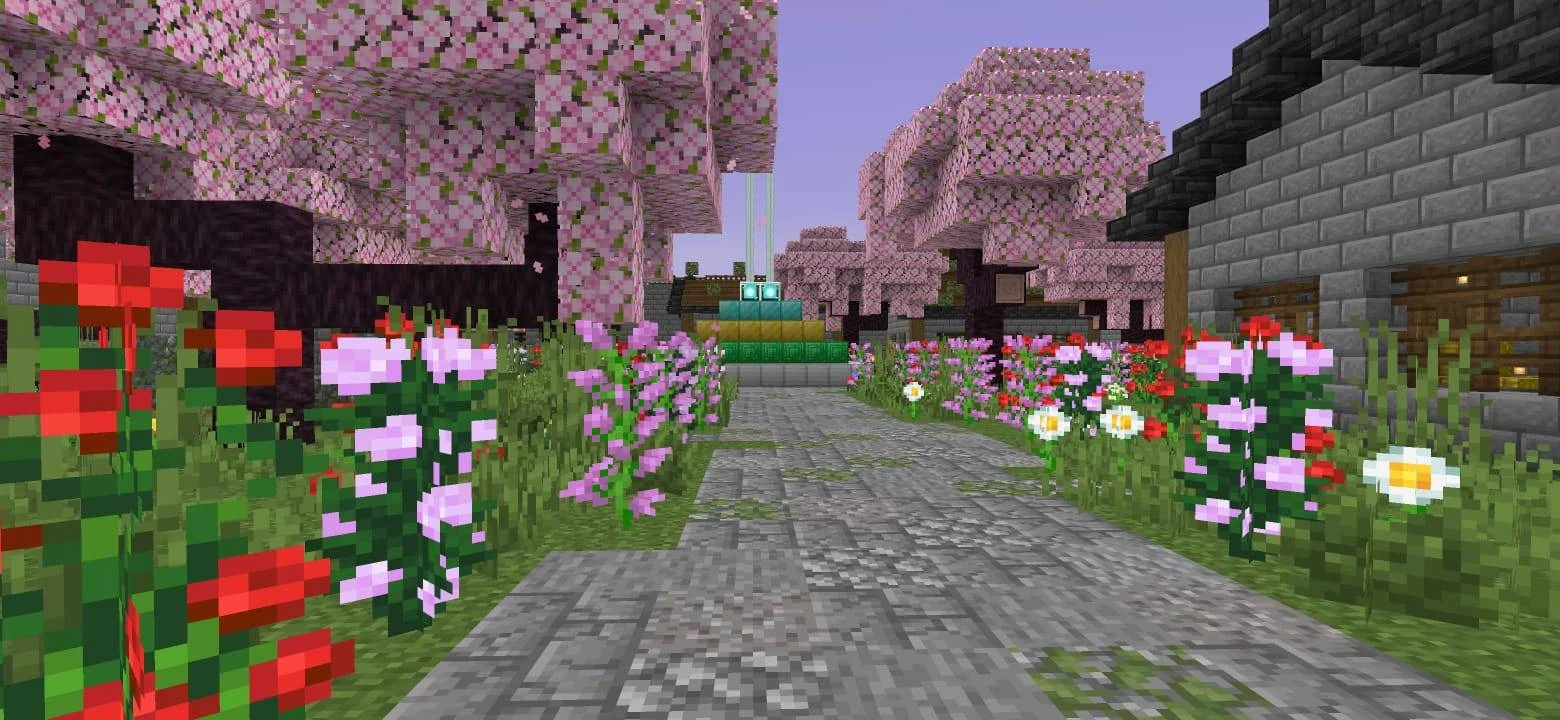 Flower-lined stone path beneath cherry trees leading towards a beacon
