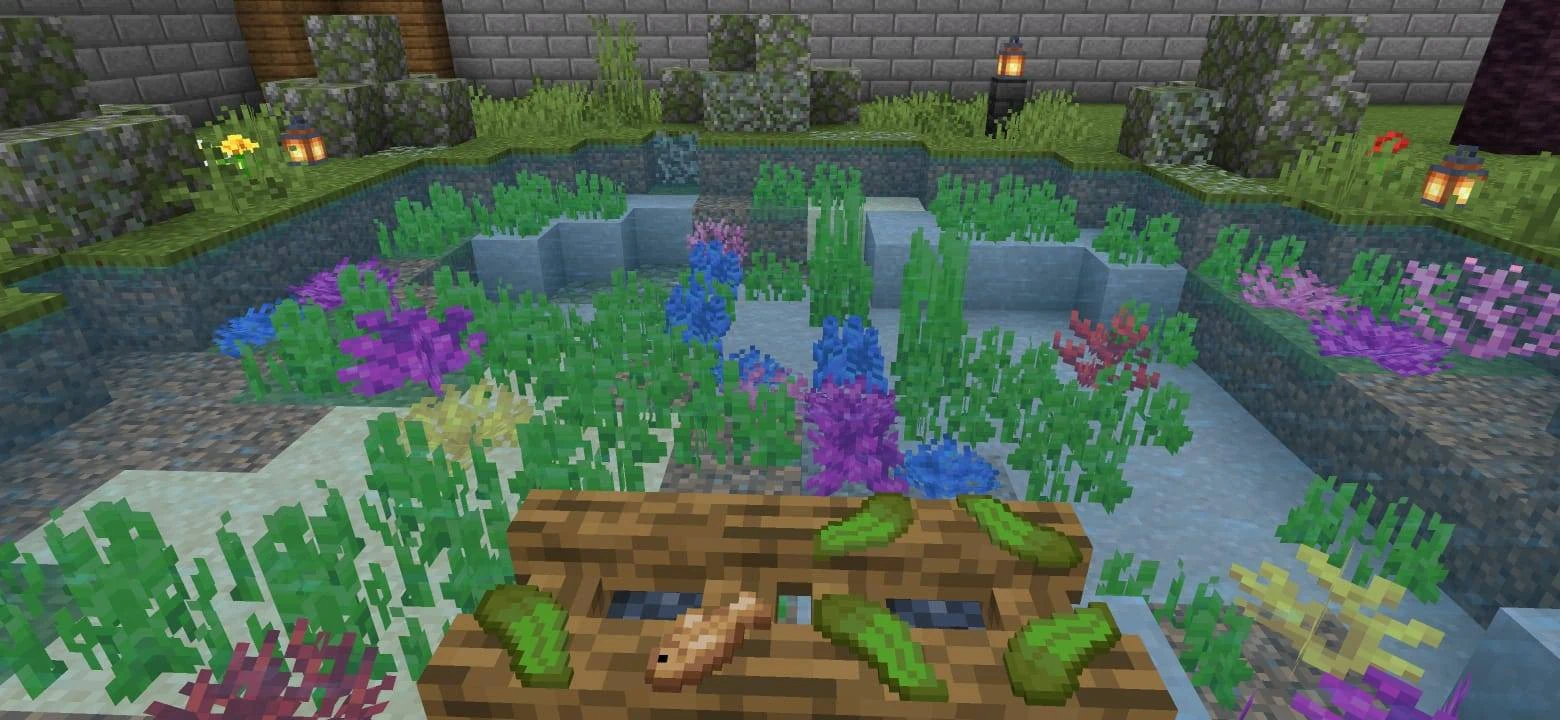 Sand, gravel, seagrass and coloured coral beneath the surface of a garden pond