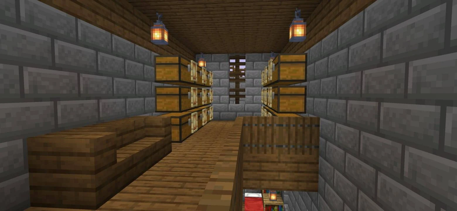 Stacked chests with item frames along a clear wooden walkway