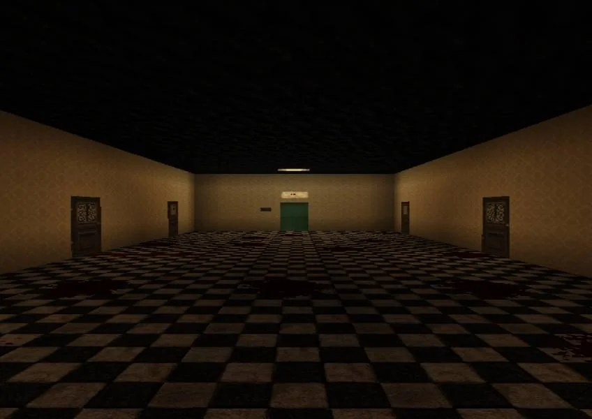 Yellow-walled room with a black-and-white floor and several doors
