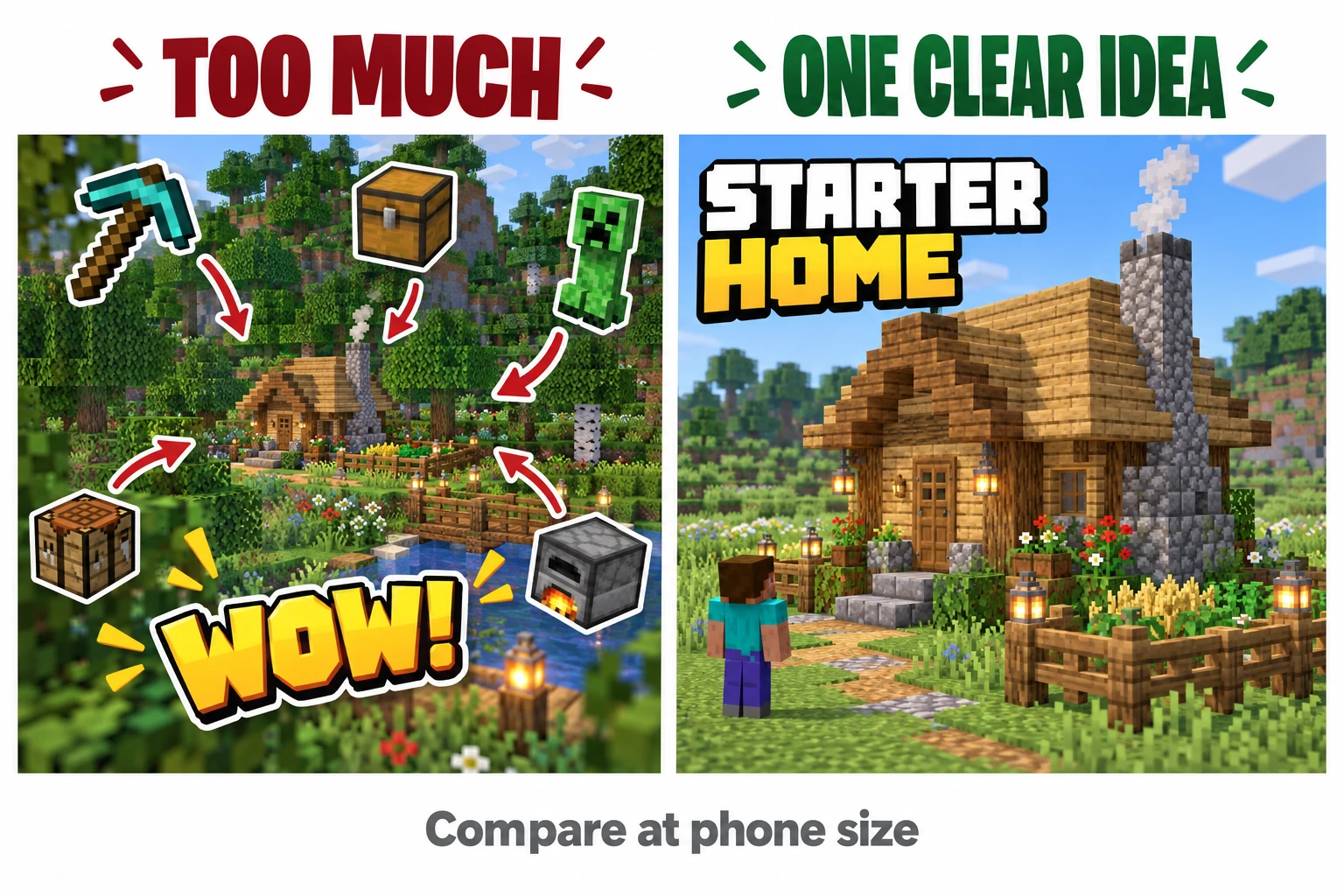 Illustrated comparison between an overcrowded Minecraft cottage thumbnail and a clearer composition focused on the same starter house