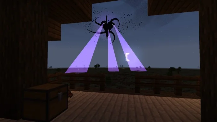 Wither Storm visible beyond a wooden shelter with purple beams reaching the ground