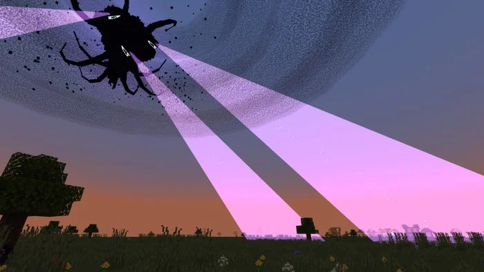 Large Wither Storm above a landscape projecting purple beams