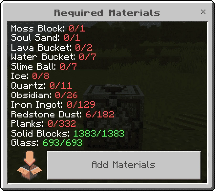 Required Materials menu with red missing counts and green completed counts