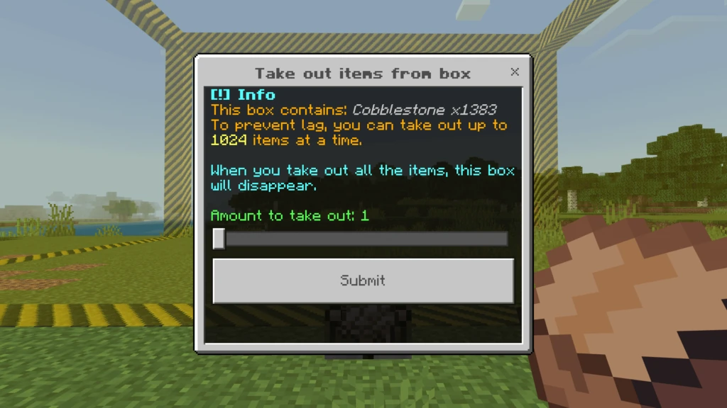 Special box menu showing returned cobblestone and withdrawal amount