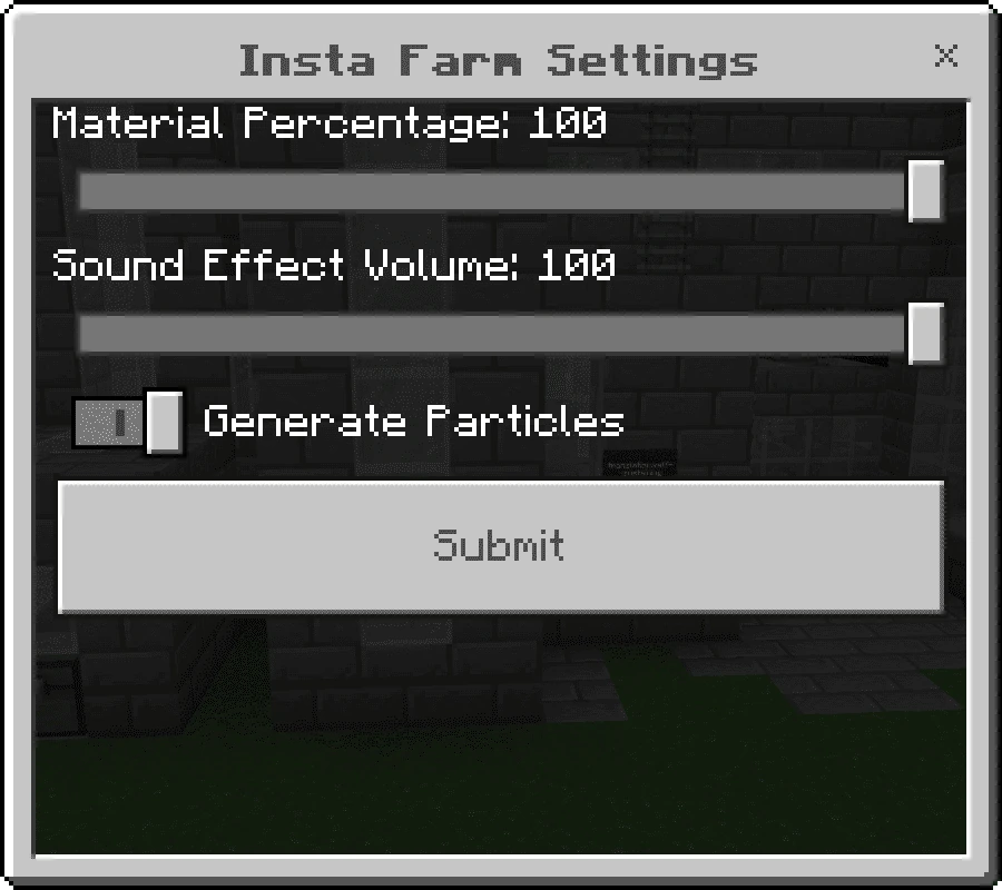 Insta Farm settings for material percentage, sound volume and particle generation
