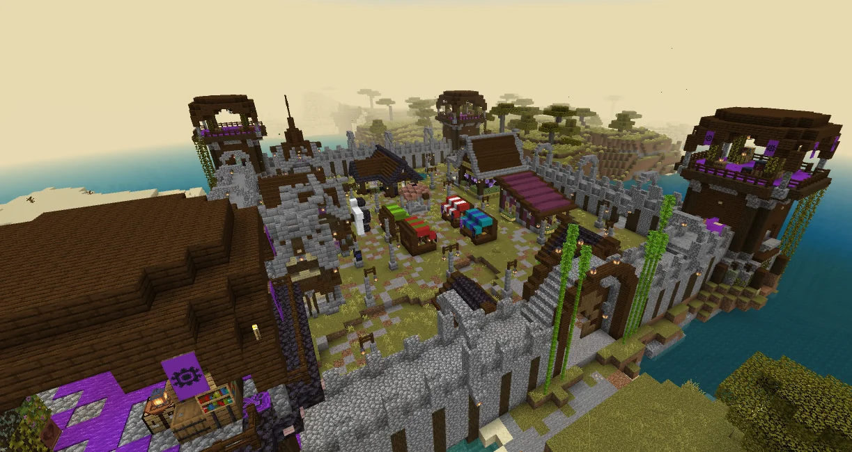 Walled Glowstone city with towers and market buildings in Wells RPG Adventure