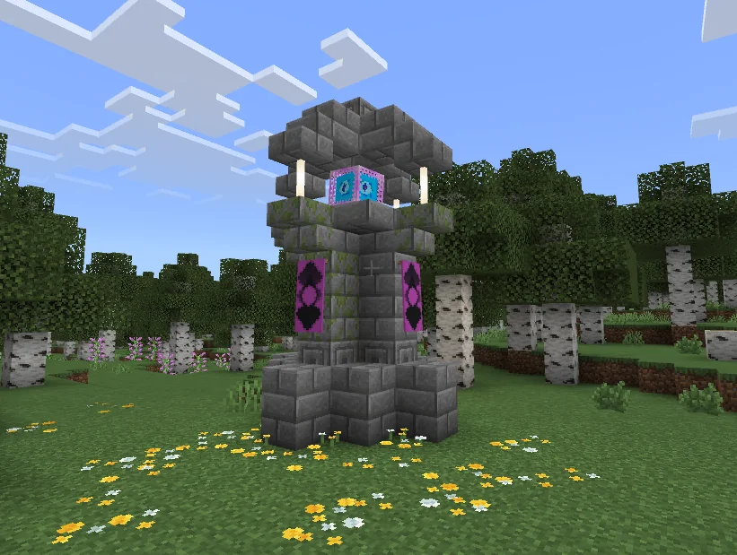 Stone Mana Tower with glowing blue and purple details in a forest clearing