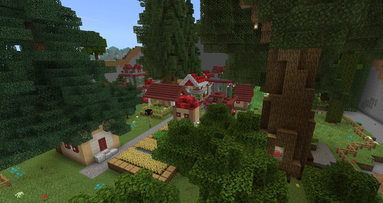 Elven city of Moss with red-roofed houses among large trees