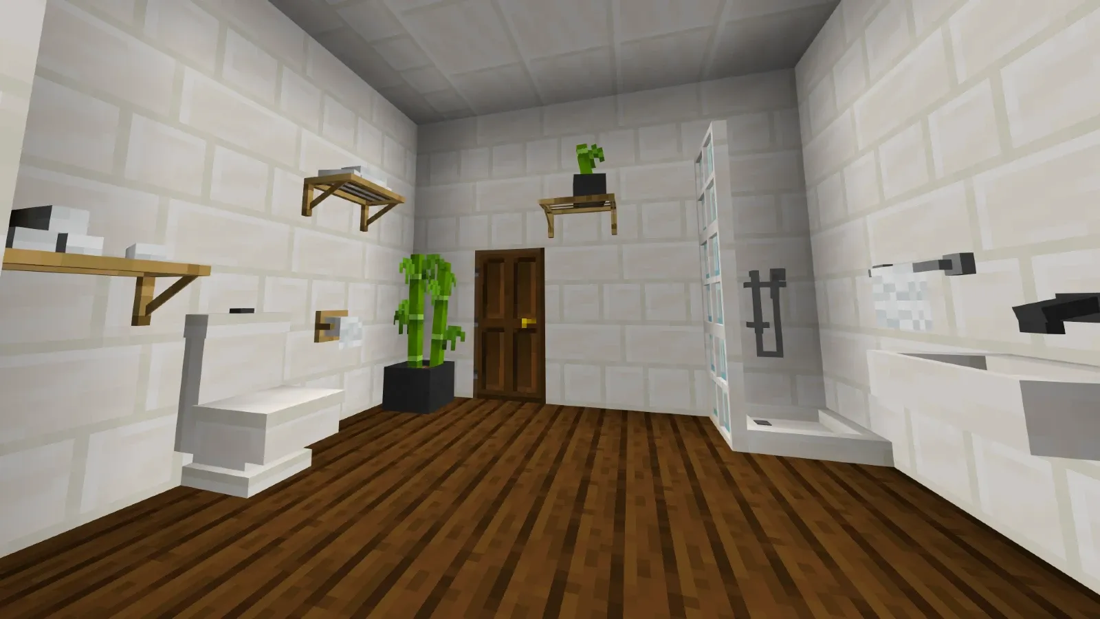 Modern Furniture bathroom with a shower, sink, toilet, shelves and potted plant
