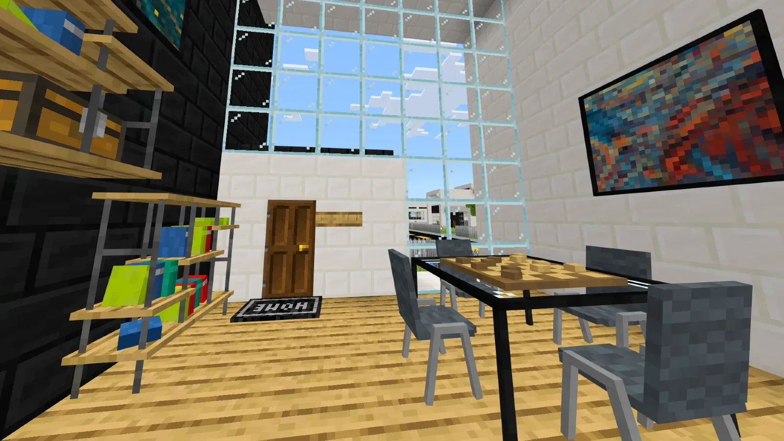 Modern Furniture dining table with chairs, shelves, books and wall art