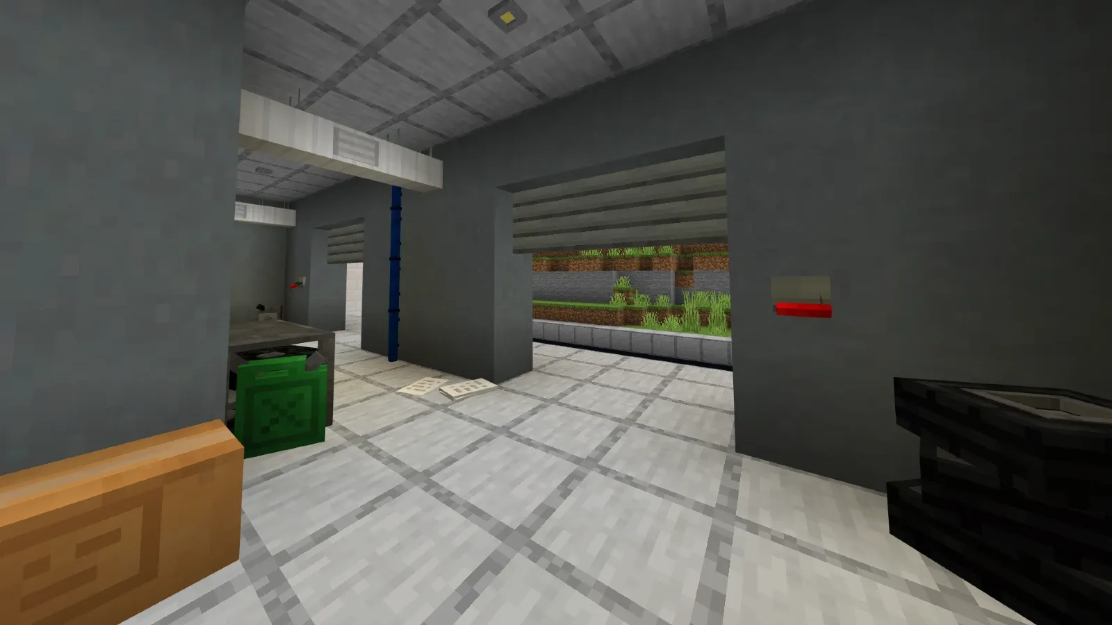 Modern Furniture garage interior with raised doors, wall levers and overhead ventilation