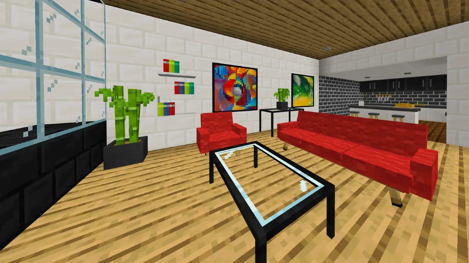 Red modular sofa and armchair around glass tables in a Modern Furniture living room